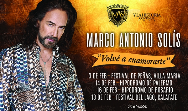 Marco Antonio Solís anuncia nuevos shows en Argentina: Rosario, Villa María y Calafate.