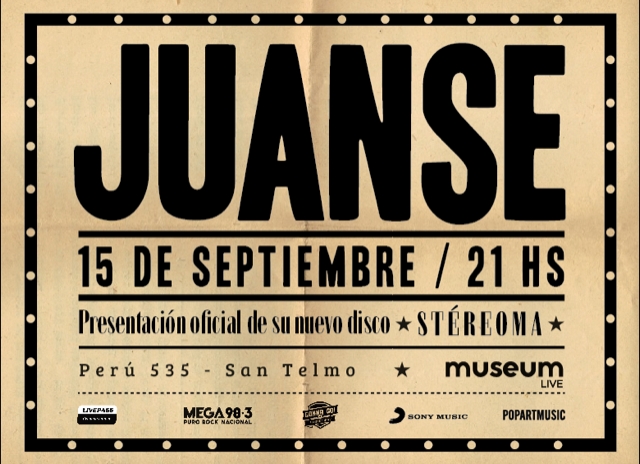 Juanse anuncia la presentación oficial de "Stéreoma", su nuevo álbum! 15 de septiembre, Museum!
