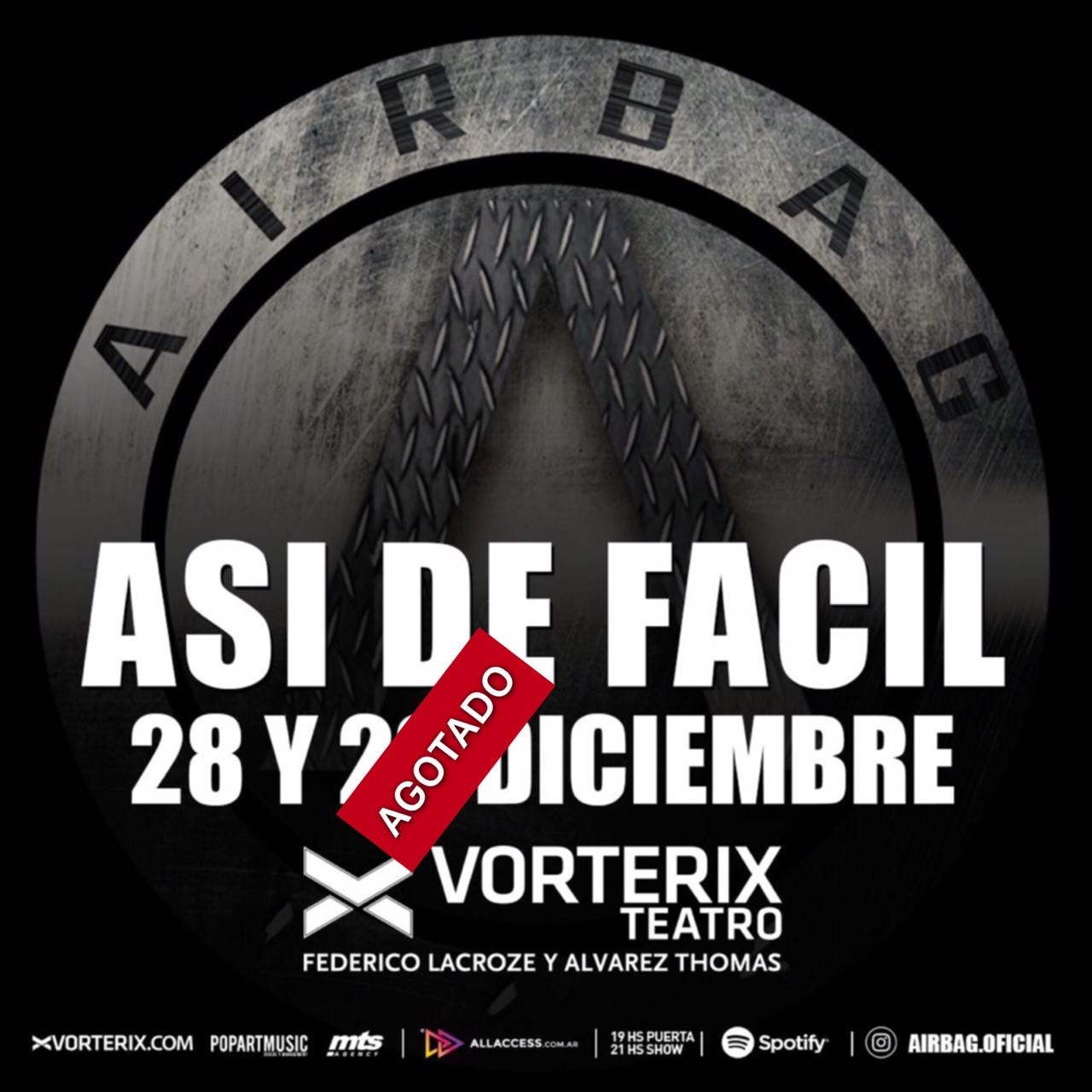 AIRBAG entradas agotadas en Vorterix para la función del 29 de diciembre! Últimos tickets para el 28!